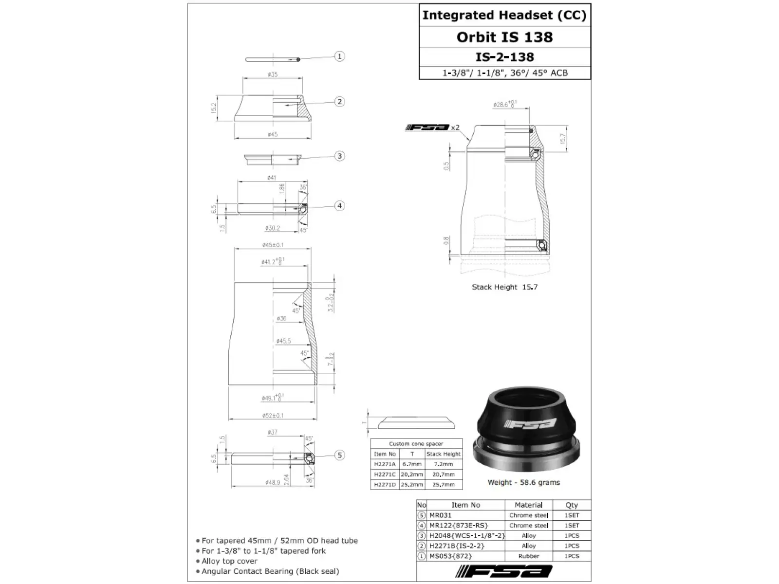 FSA ORBIT IS 1 3/8" zestaw sterowy 15,2 mm AL