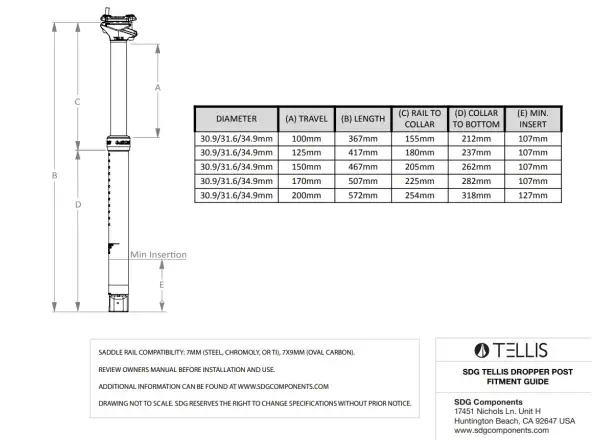SDG Tellis 200 mm teleskopowa sztyca 31,6 x 572 mm