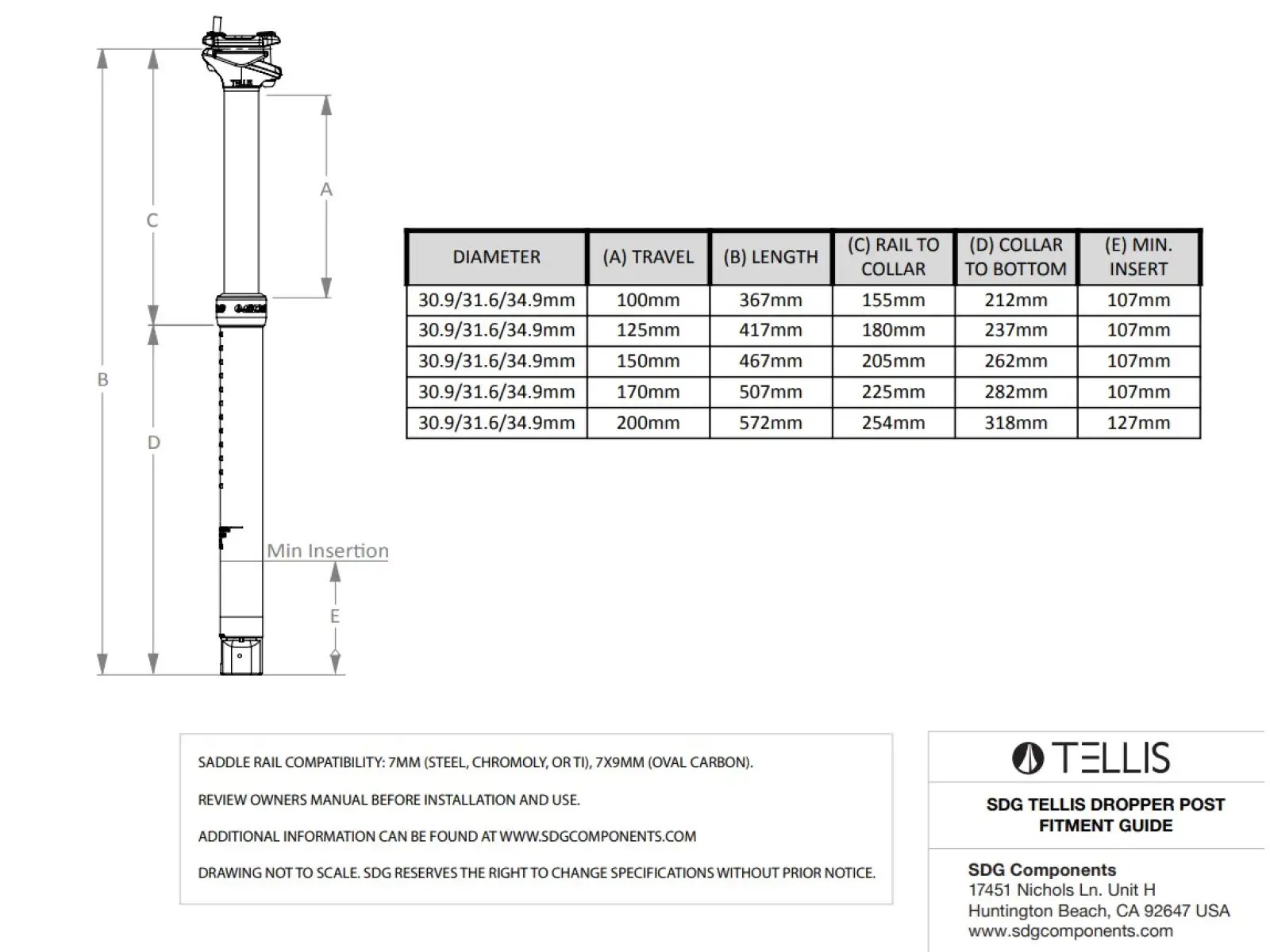 SDG Tellis 150 mm teleskopowa sztyca 31,6 x 467 mm