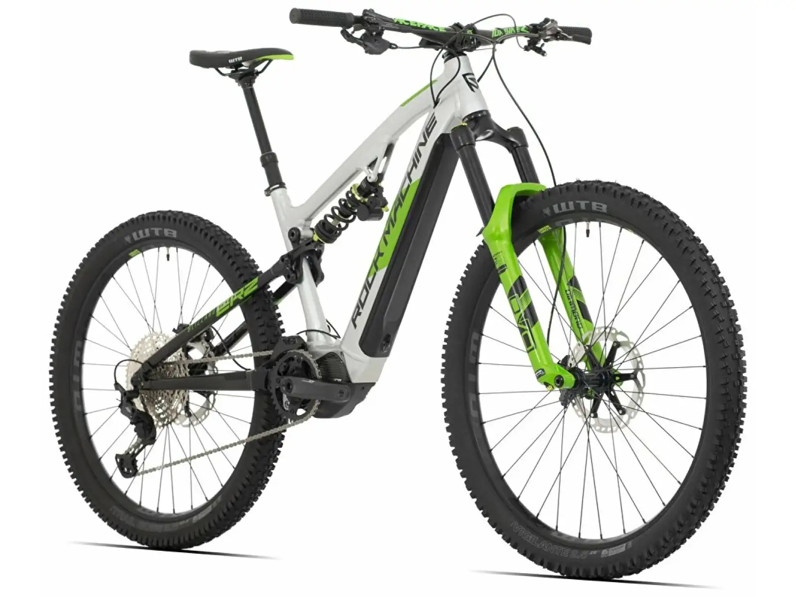 Rock Machine Blizzard INT e90-297 Gloss Silver/Black/Green rower elektryczny z pełnym zawieszeniem